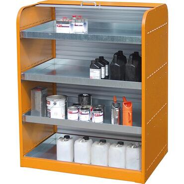 Hazardous materials roller shutter cabinet with collection vessel for small packaging